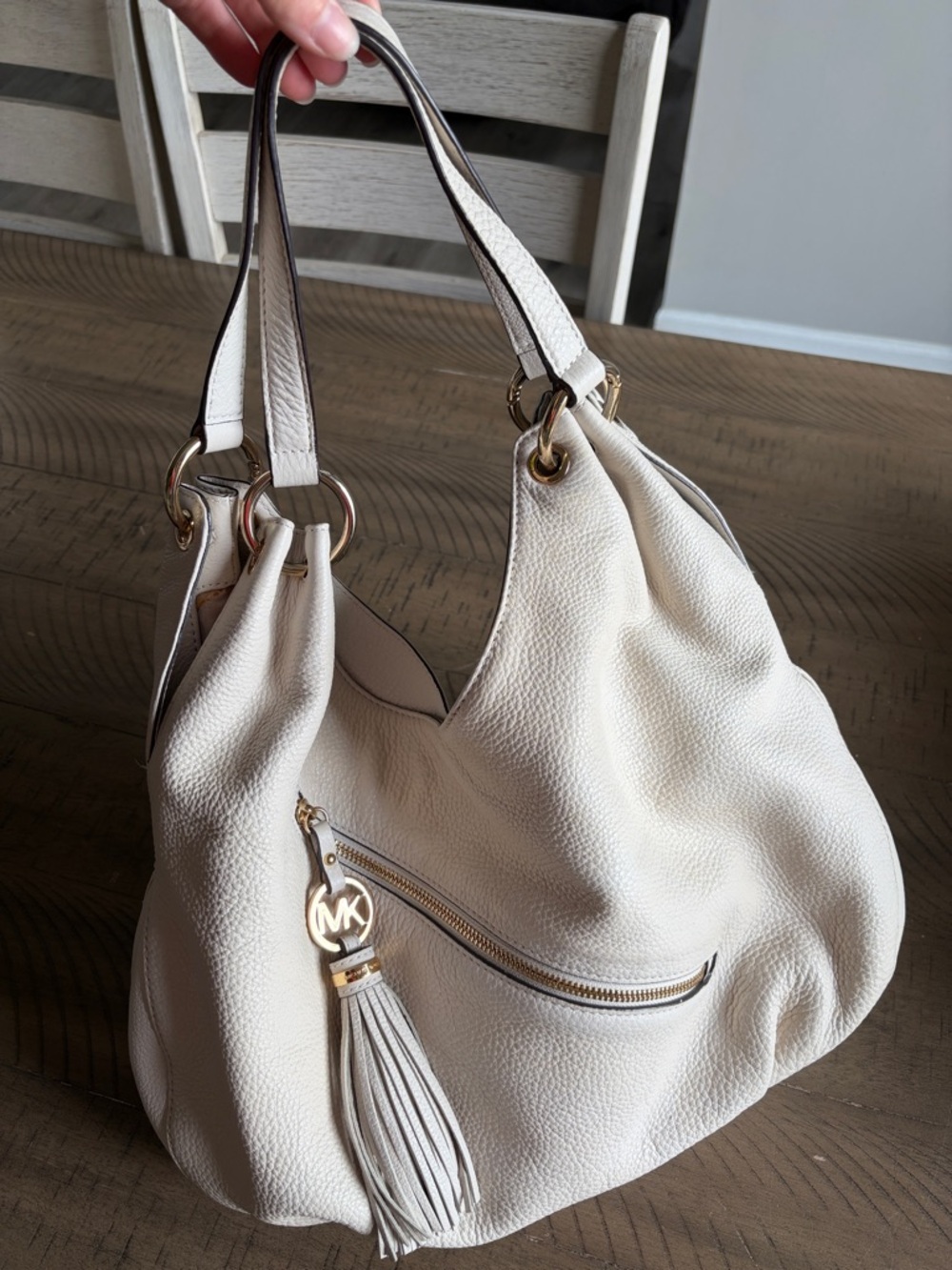 Michael Kors Cream Pebbled Leather Shoulder Hobo with Tassel Charm - Picture 6 of 6